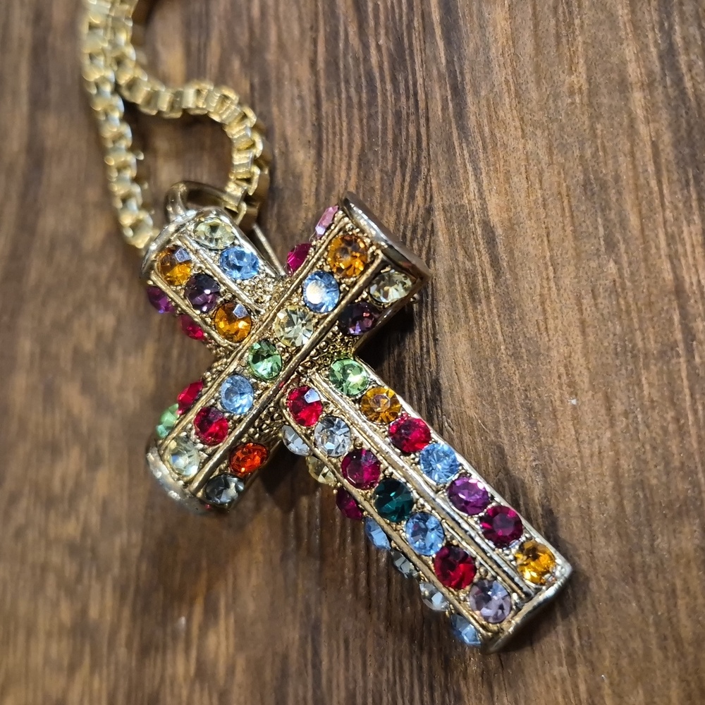 Colorful Rhinestone Gold Tone Cross Pendant Thick Gold Chain Necklace/Brooch - Picture 3 of 14